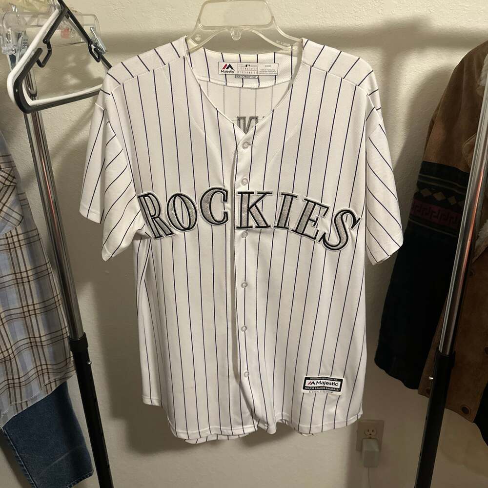 Majestic MLB Colorado Rockies Nolan Arenado #28 Cool Base Home Pinstripe Jersey